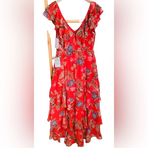 WAYF Chelsea Tiered Ruffle Maxi Dress Red Tropical Flutter Sleeves Floral NEW 1X - Picture 7 of 16